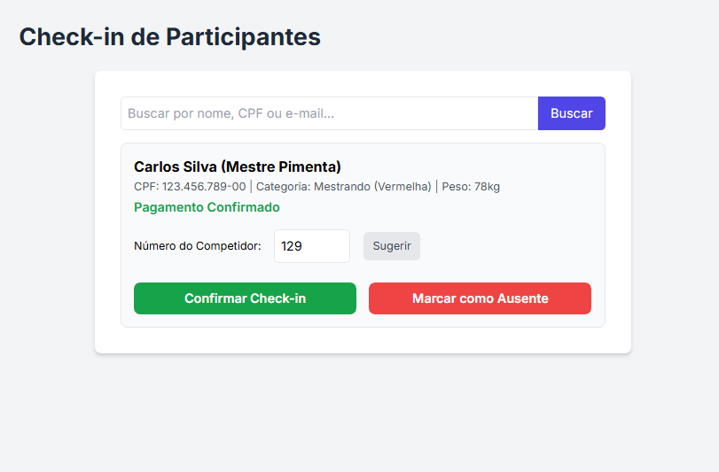 Tela do sistema GingArena para Check-in de Participantes em Campeonato de Capoeira
